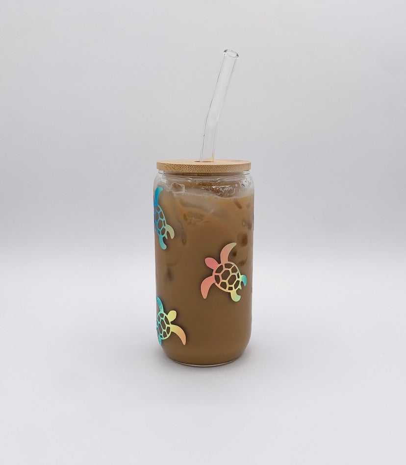 Side view of the holographic turtle cup, Glass Tumbler With Straw | Holographic Turtle Cup| The Sticky Supplies